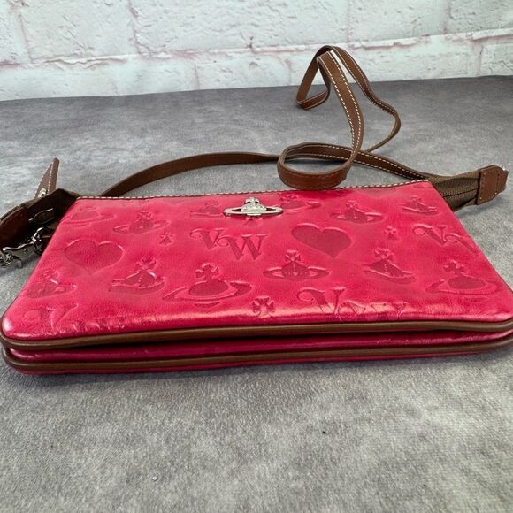 Vivienne Westwood Pink Embossed Leather Women's Bag Crossbody Wallet on Strap - Picture 6 of 15